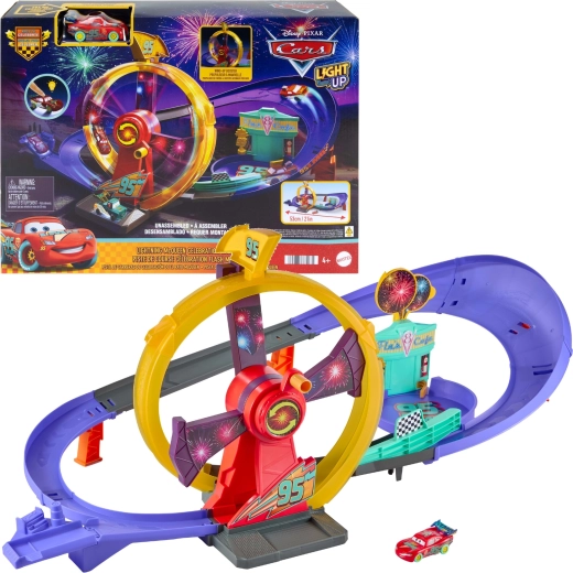 Mattel Disney Pixar Cars sacīkšu trase Izbraukšanas svinības ar spīdošu Zibeni Makvīnu