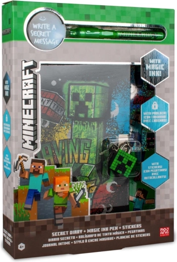 Minecraft slepenā dienasgrāmata ar burvju UV pildspalvu un uzlīmēm
