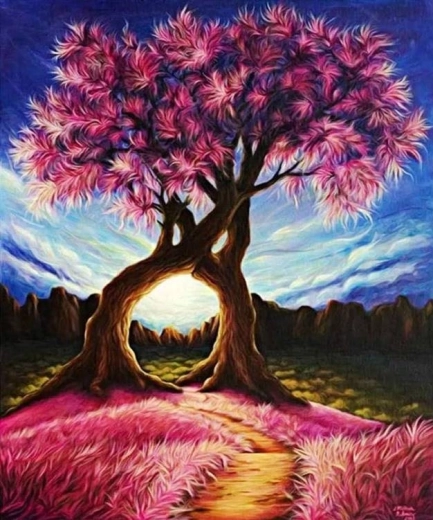Dimanta gleznošana Rozā koks 30 × 40 cm