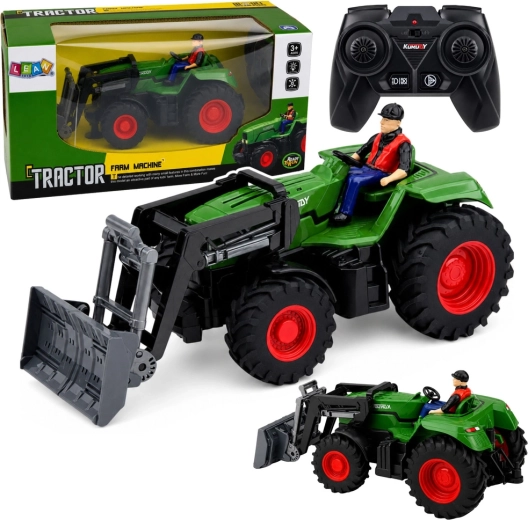 Tālvadības RC traktors ar frontālo iekrāvēju un fermeru figūriņu 1:24