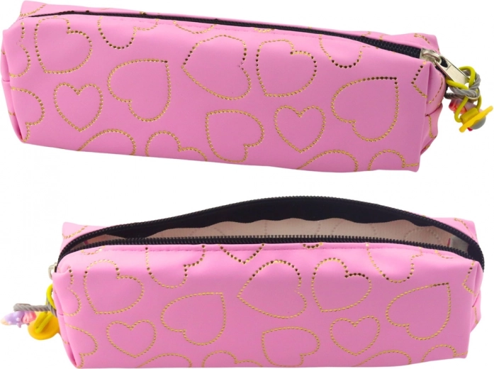 Pink pencil case with golden hearts