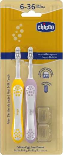 Chicco bērnu zobu birstīšu komplekts Lilac-Mustard 6–36 mēn., 2 gab.