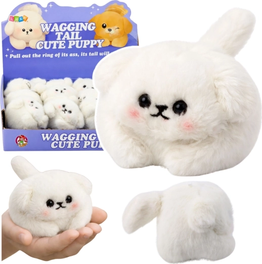 White plush puppy with wagging tail and squeaker, 9 cm