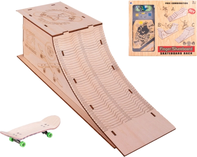 skrituļdēlis 10 cm ar koka rampu – metāla mini fingerboard komplekts