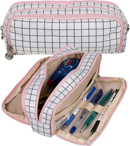Maaleo fold-out school pencil case in grid pattern, three-compartment