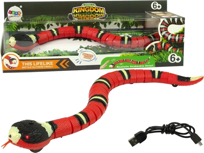 Interactive touch-activated snake, red with black stripes
