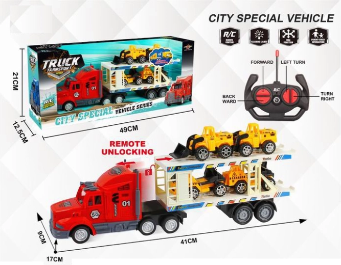 RC evakuators ar 4 būvniecības auto