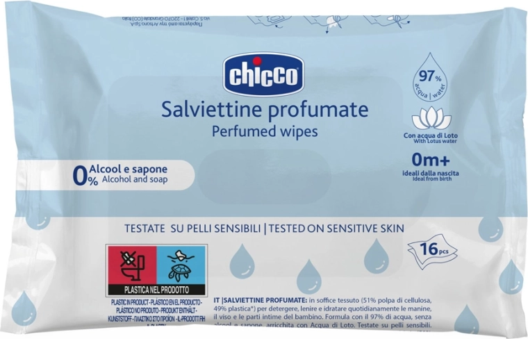 Chicco maigi aromatizētas bērnu mitrās salvetes somiņai, 16 gab.