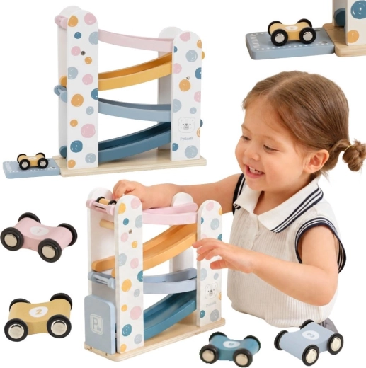 PolarB Wooden Car Ramp Track with Slide and 4 Cars