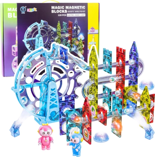 Magnetic marble run set made of magnetic blocks, light-up, 120 pieces