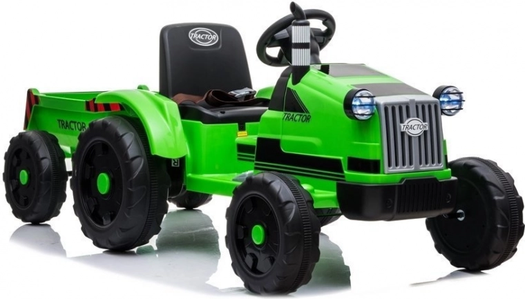 Green children's battery-powered tractor with trailer