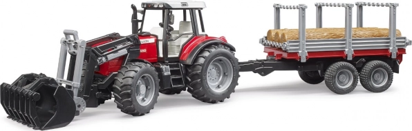 BRUDER traktors MASSEY FERGUSON 7480 ar frontālo iekrāvēju un baļķu piekabi
