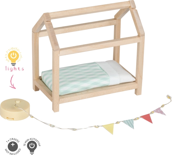 Lundby wooden house-shaped bed with lighting for a dollhouse