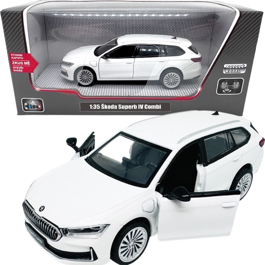 Metāla modelis Škoda Superb IV Combi 1:35 baltā krāsā