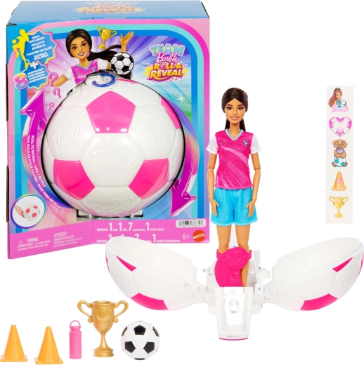 Mattel Barbie Team Roll and Reveal soccer player doll with accessories