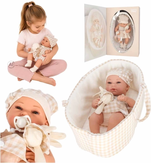 Beige baby doll 38 cm with carrier, pacifier and plush bunny