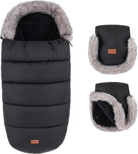 Petite&Mars winter set: Comfy 4in1 footmuff and Furry stroller mittens forever black