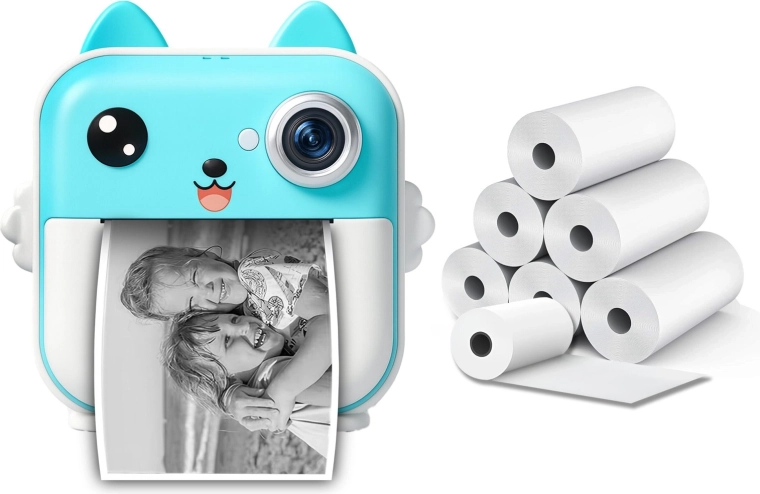 Bērnu fotoaparāts ar tūlītēju termoprintēšanu un 6 papīra ruļļiem – zils