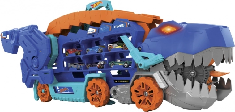 Hot Wheels T‑Rex Mega Transporter – dinozauru auto vedējs un sacīkšu trase