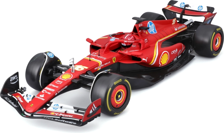 Bburago F1 Ferrari SF-24 modelis 1:18 ar Charles Leclerc figūriņu un vitrīnu