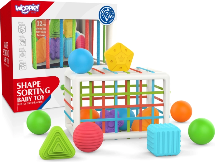 Woopie Baby elastīga sensorā klucīšu šķirošanas kaste bērniem – krāsainas formas