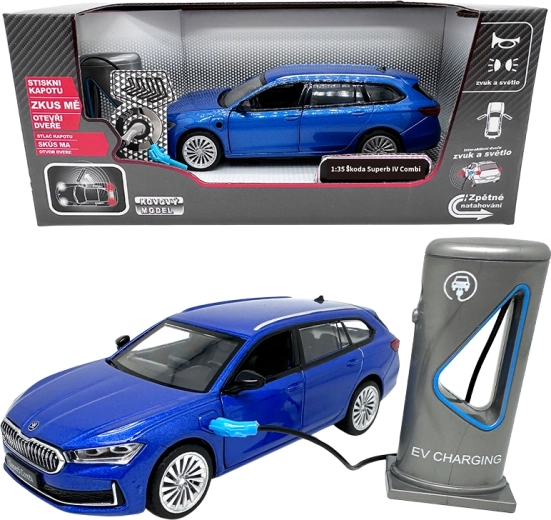 Metāla modelis Škoda Superb IV Combi ar uzlādes staciju, zils 1:35