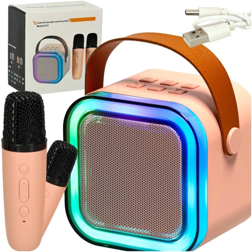 Karaokes komplekts ar Bluetooth skaļruni, 2 bezvadu mikrofoniem un LED apgaismojumu 6 W – rozā