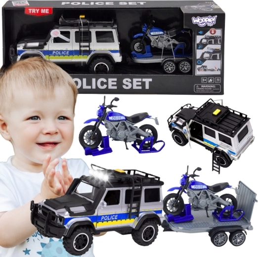 Woopie policijas apvidus auto ar piekabi un motociklu