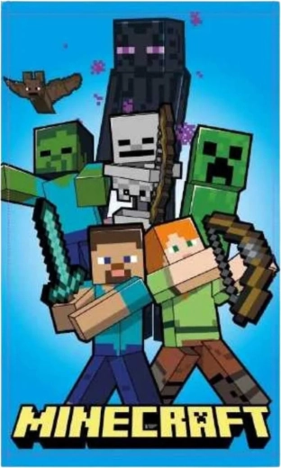 Bērnu dvielis Minecraft 30 × 50 cm ar Stīvu, Aleksu, Krīperu un Endermenu