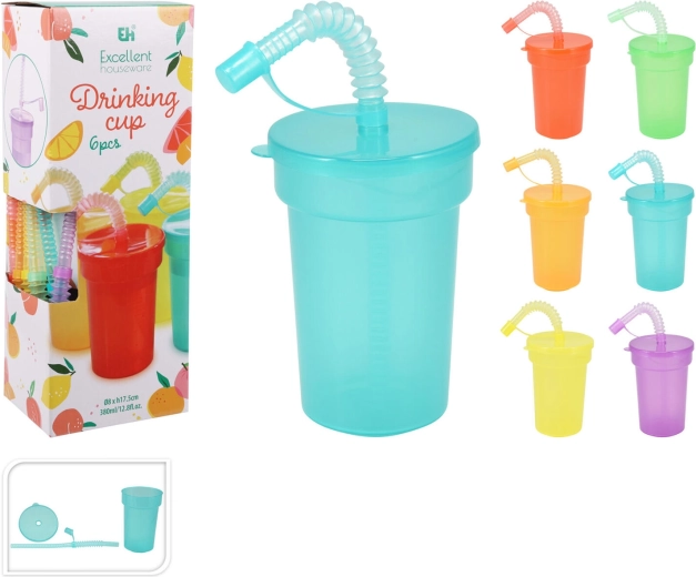 Plastmasas krūzīte ar vāciņu un salmiņu 380 ml, krāsu miks, komplekts 6 gab.