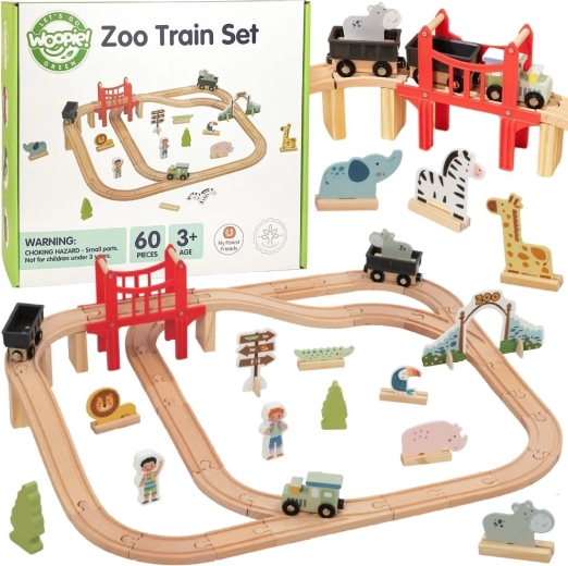 Woopie Green koka vilcieniņtrase zoo XL – magnētiskais vilciens, tilts un 60 detaļas, FSC