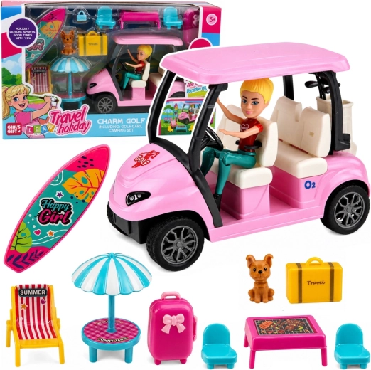 Golf set with a pink golf cart, doll, dog and holiday accessories