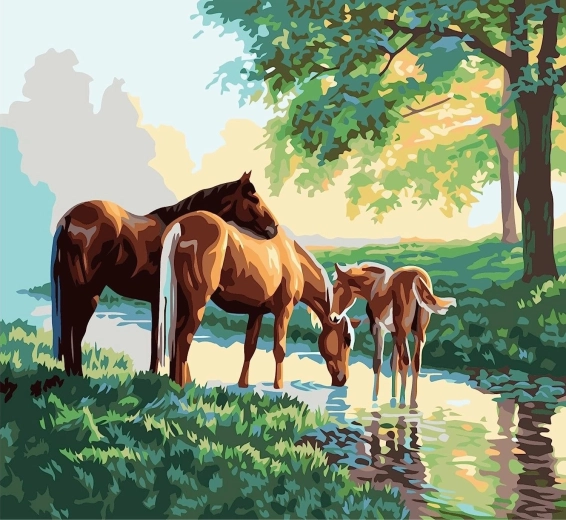 Gleznošana pēc numuriem Zirgu ģimene pie strauta 40 × 50 cm