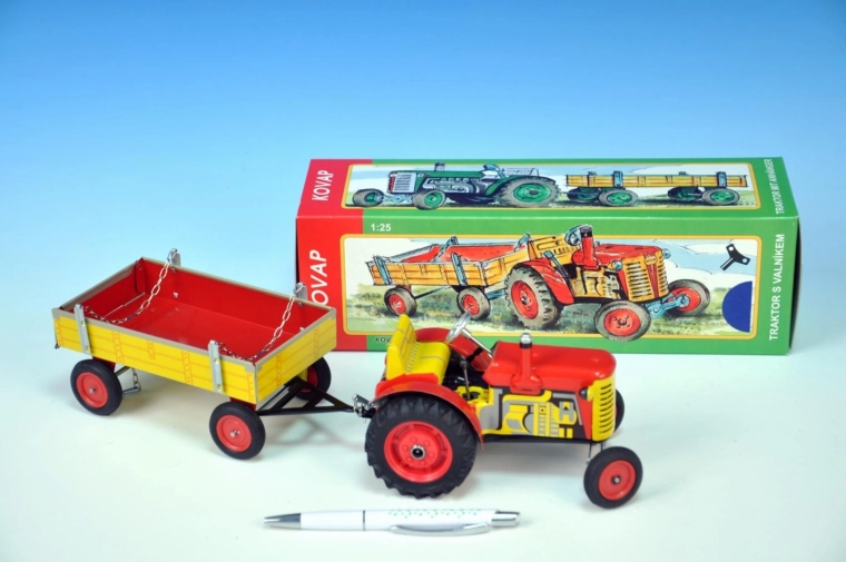 Traktors Zetor ar piekabi, uzvelkams ar atslēdziņu, metāla, 28 cm KOVAP – Sarkana
