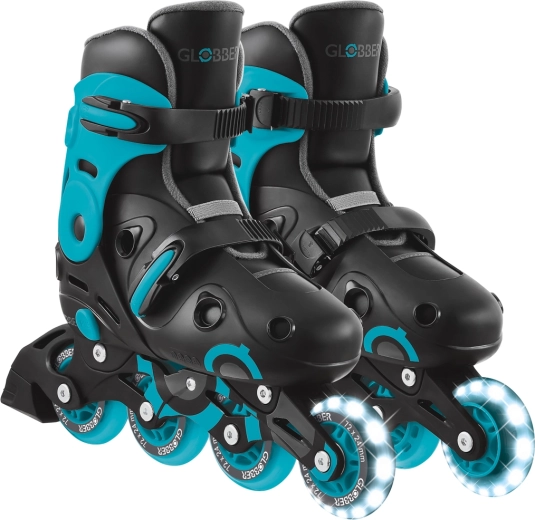 Globber Go Skates Lights bērnu skrituļslidas ar mirdzošu priekšējo ritenīti LED melni zilas 34–37