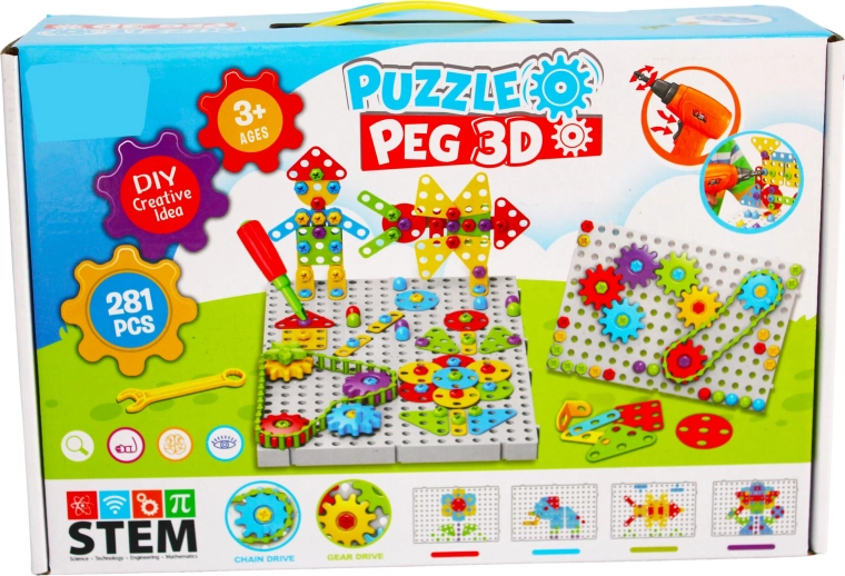 Radošs 3D konstruktors ar bērnu urbi Puzzle Peg (281 detaļa)