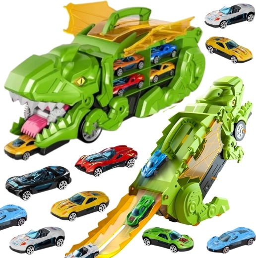 Woopie dinozaurs, kas aprij automašīnas, ar trasi un automašīnītēm, 13 detaļas
