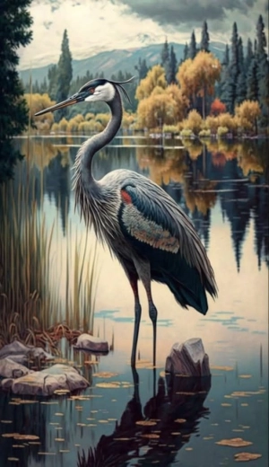 Dimanta gleznošana Dzērve uz ezera 30 × 40 cm