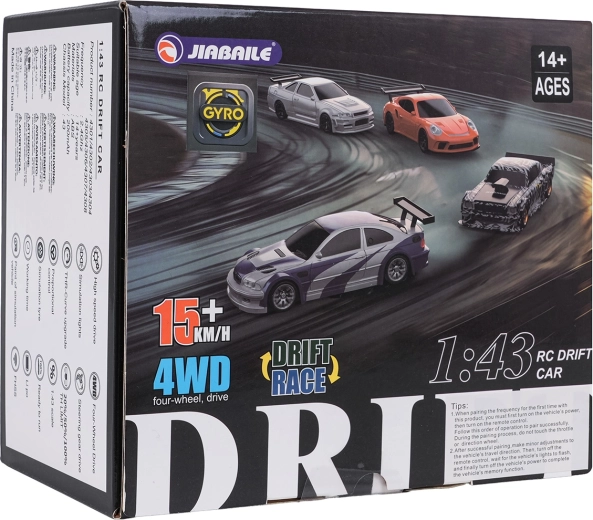 Orange R/C drift car in 1:43 scale with accessories