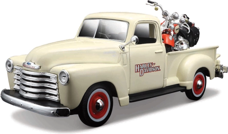 Maisto Harley-Davidson Custom – 1950 Chevrolet 3100 Pickup un 2001 FLSTS Heritage Springer 1:24