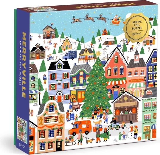 Galison metallic square jigsaw puzzle, snowy town, 500 pieces