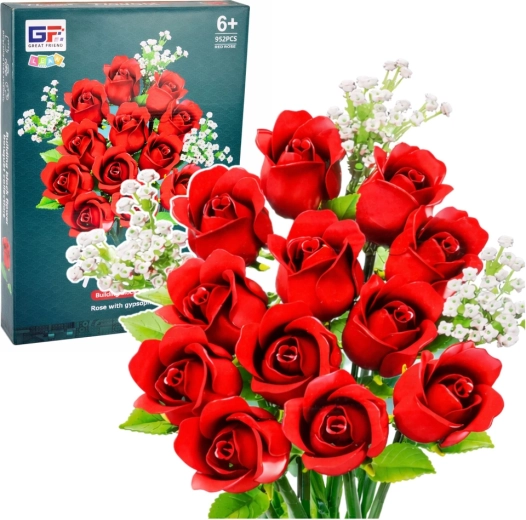 Construction building set floral bouquet red roses and gypsophila, 952 pieces