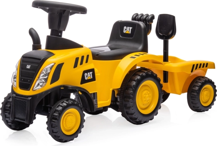 Bērnu braucamais traktors CAT ar piekabi un darbarīkiem, dzeltens