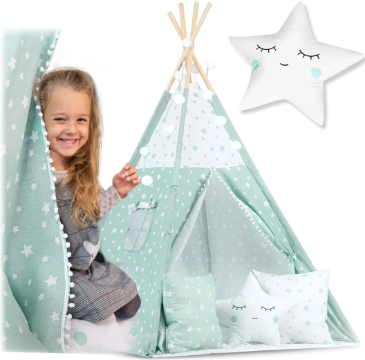 Kids’ teepee with lights – mint with little stars