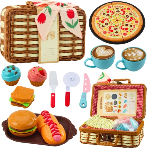 Picnic Basket for Kids, 33 Pieces – Woven Basket, Play Food and Accessories