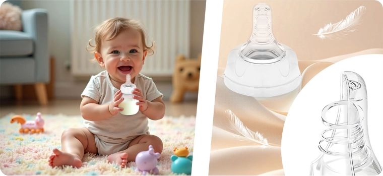 Dynamic silicone teat for natural sucking