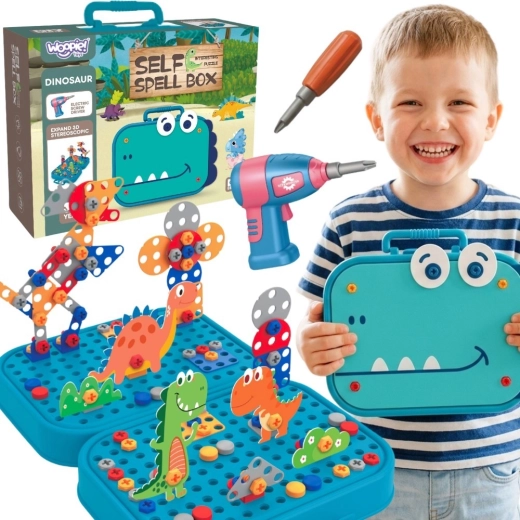 Woopie mazā meistara komplekts – 3D konstruktors “Dino” ar skrūvēm un urbjmašīnu koferītī