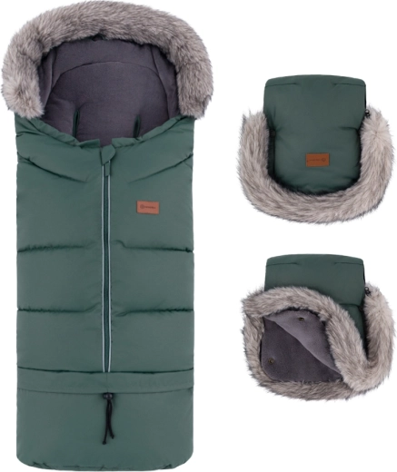 Petite&Mars ziemas komplekts: kāju pārsegs Arctic 4v1 un ratiņu cimdi Furry haki