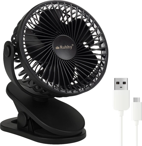Ruhhy bezvadu galda ventilators ar USB‑C un klipsi — melns