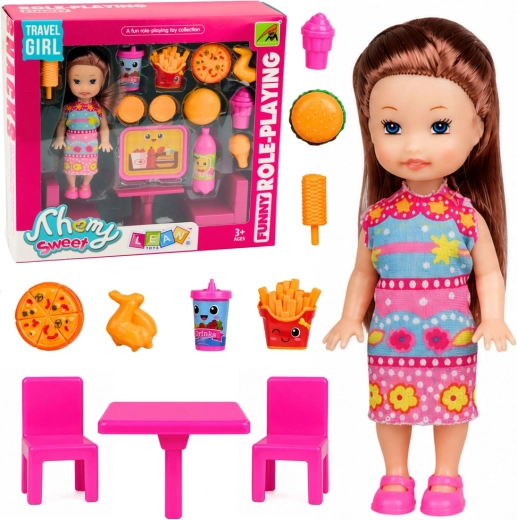 Mini lelle ar ātrās ēdināšanas komplektu, galds un 2 krēsli (11 cm)